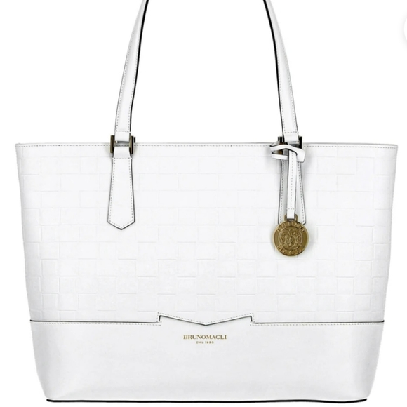 14KT Gold Plated Italian Bruno Magli Leather Woven Embossed Tote NWTs and Duster - Picture 2 of 11